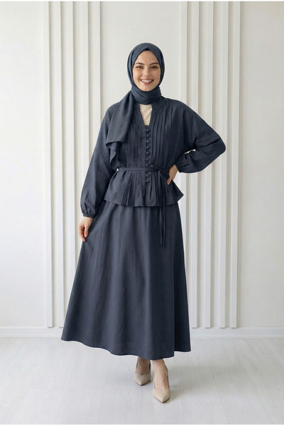 BENAHOLL Σετ φούστας Mila με ριμπ μπροστινό μέρος και κουμπιά - EK814 Ανθρακί