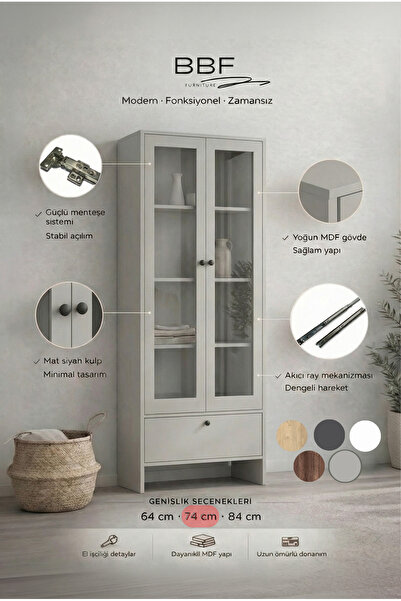 BBF Furniture Sis Gri Cam Kapaklı Modern Kitaplık ve Vitrin Dolap – Çekmeceli...