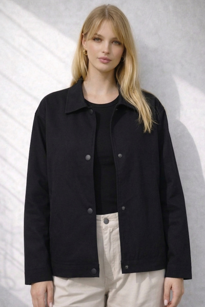 Gizrain Jachetă de damă neagră, supradimensionată, sezonieră, din gabardină, ...