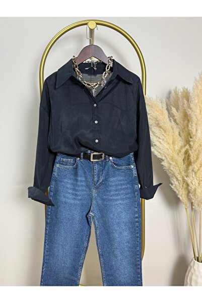Vizon Collection İpeksi Dokulu Oversize Transparan Siyah Gömlek