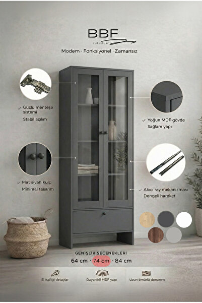 BBF Furniture Antrasit Cam Kapaklı Modern Kitaplık ve Vitrin Dolap – Çekmecel...