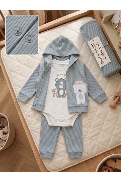 Lika&Nika Ayıcık Baskılı %100 Pamuklu Kapşonlu Hırka Body ve Pantolon 3'lü Takım