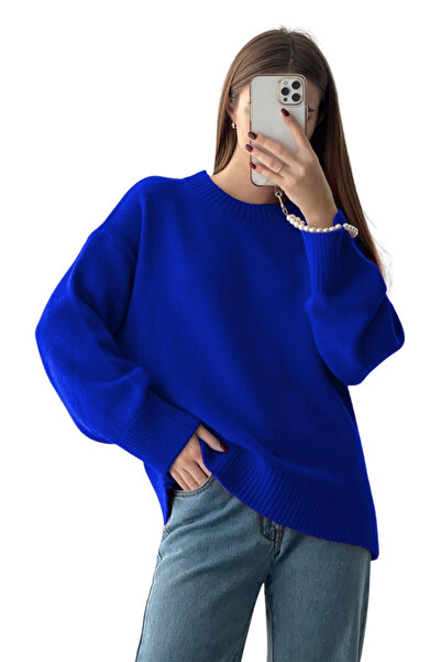 MODASPARK Saks Plavi Okrugli Izrez Oversize Ženski Pleteni Džemper