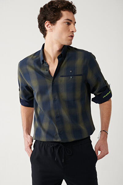 Avva Cămașă pentru bărbați, kaki, cu guler cu nasturi, 100% bumbac, brodat în...