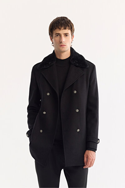 Avva Erkek Siyah Kruvaze Yün Karışımlı Kaşe Regular Fit Kaban A52Y6069