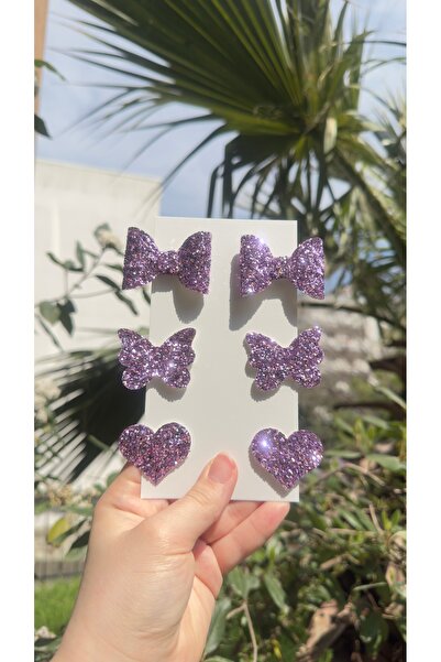 Toka Perisi Mor Stella Simli Glitter Fiyonk kalp kelebek (Metal 5cm /3cm Klip...