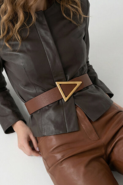 Brown Thick Women's Belt with Triangle Gold Buckle 4.5 cm