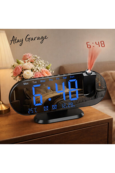 Atay Garage Projeksiyonlu LED Dijital Saat & Alarm – Aynalı Tasarım, Sıcaklık...