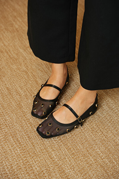 diclepolat حذاء نسائي أسود بتفاصيل حجرية حذاء مسطح مقدمة مربعة بشريطين ماري ج...