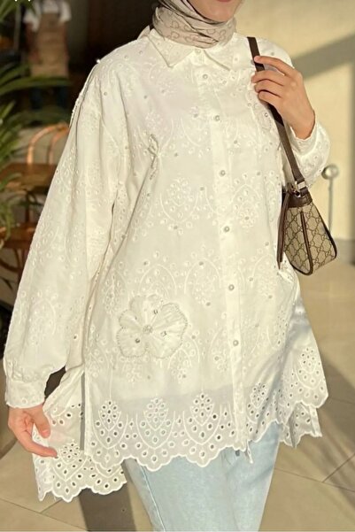 Safgiyim44 Pearl Embroidered Scallop Shirt Tunic with Floral Pattern - White