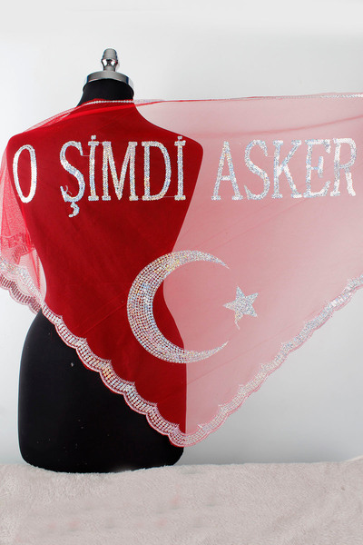 Mortex Kırmızı O Şimdi Asker Omuz Örtüsü Şal Duvak Seti - Damat Sağdıç Kına A...