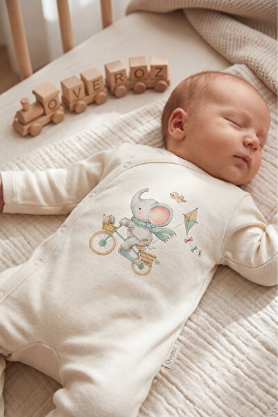 Overoz Baby Boy/Girl Romper with Booties, Elephant Printed Snap Fastener Ecru...