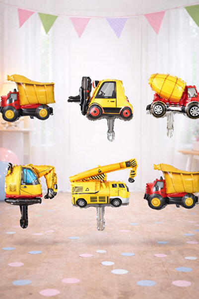İnşaat Araçları Folyo Balon Seti 6’lı 36 cm Kepçe Kamyon Vinç Forklift Doğum Günü Süsleri