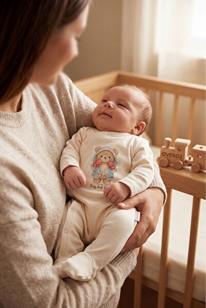 Overoz Baby Boy Booties Jumpsuit Boxer Teddy Bear Printed Snap Fastener Ecru ...