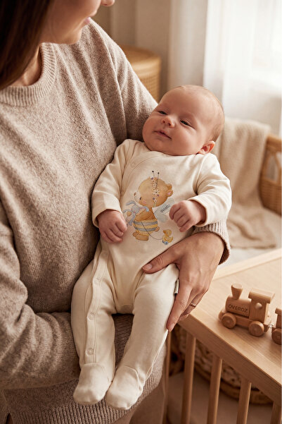 Overoz Baby Boy/Girl Romper with Booties, Teddy Bear Printed Snap Fastener Ec...