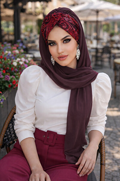 Aişe tesettür شال ملتوي بنمط زهرة بورجوندي جاهز