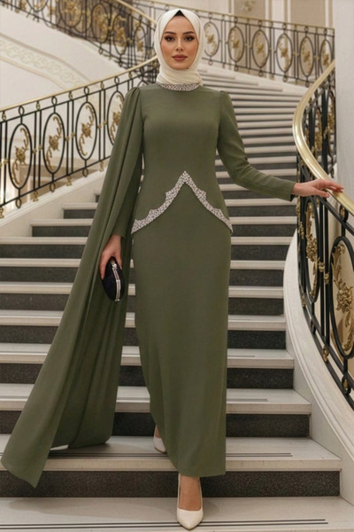 N.S NEVA STYLE Rochie de seară kaki cu detaliu pelerina 54341HK