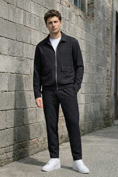 İLKCET MODA طقم سترة وبنطلون أسود مخطط