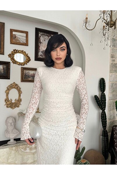 Dilek Vardar Λευκό γυναικείο μακρύ φόρεμα με δαντέλα και μισό ζιβάγκο