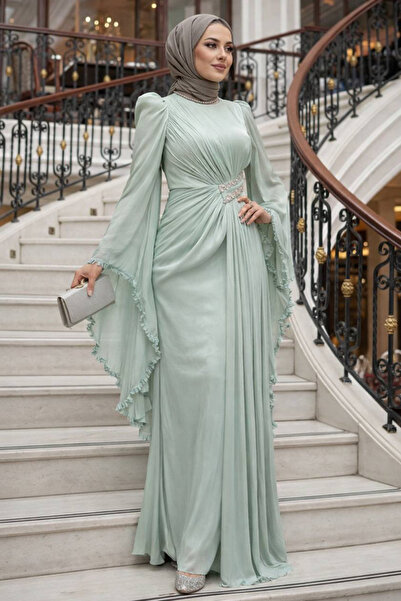 N.S NEVA STYLE - Βραδινό φόρεμα με μανίκια Volan, πράσινο τεσεττούρ, 5322CY