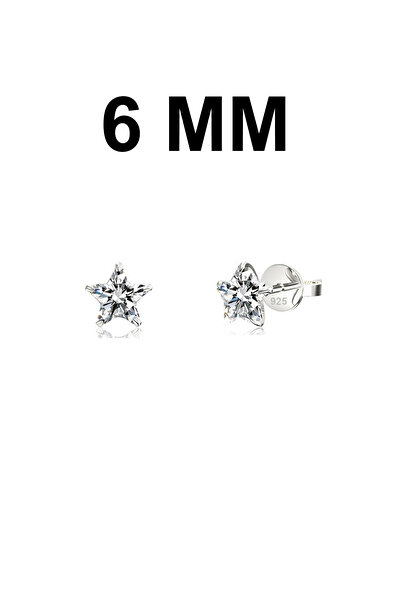 Silver Station 925 Ayar Gümüş Yıldız Tektaş Küpe, Pimli Tek Taş Küpe 6mm