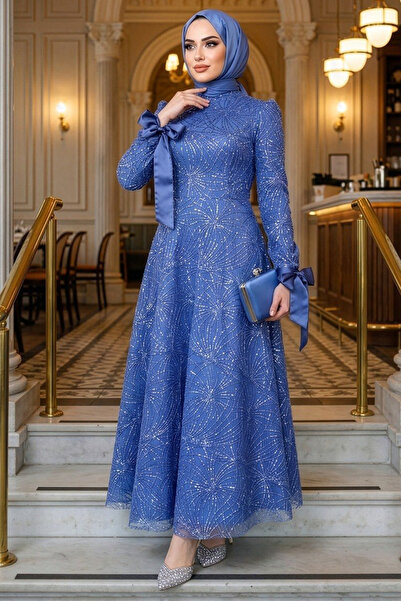 Neva Style - Rochie de seară hijab albastru indigo cu broderie cu mărgele cu ...