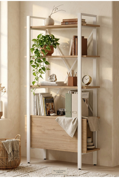 Yurudesign Molena Metal Kitaplık 5 Raflı 170cm Sepet-Beyaz MA4-SW