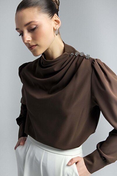 Sateen Μπλούζα με κουμπιά και πέτρινη λεπτομέρεια - Καφέ