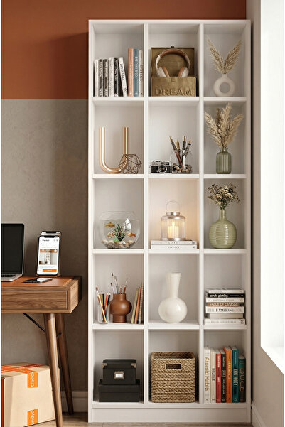 Yurudesign Liora Geniş Kitaplık 15 Raflı 180cm Beyaz LI2-W