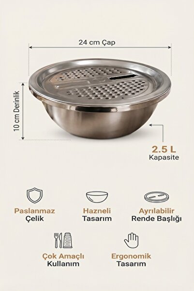 MAKRİ HOME طقم مبشرة بوعاء فولاذي، قطر 24 سم، سعة 2.5 لتر، عمق 10 سم