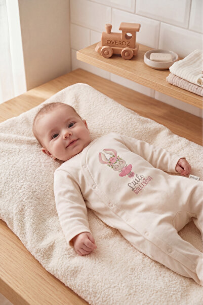 Overoz Baby Girl Booties Jumpsuit Ballerina Rabbit Printed Snap Fastener Ecru...