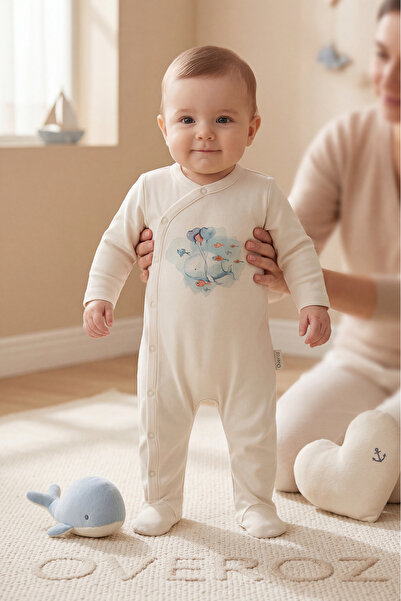 Overoz Baby Boy/Girl Romper with Booties, Whale Printed Snap Fastener Ecru Bo...