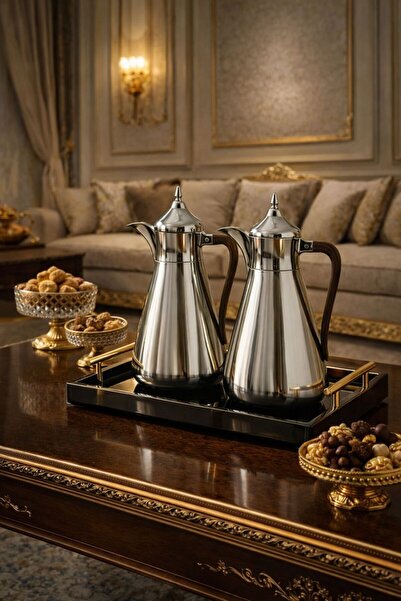 sahal aloula طقم ترامس سنا فضي لماع بالكامل يد خشب حافض للحرارة من 6-9 ساعات ...