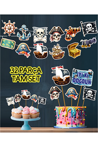 Hiras Dizayn 32 Parça Tam Set Korsan Temalı Deniz Kaptan Doğum Günü Seti Bann...