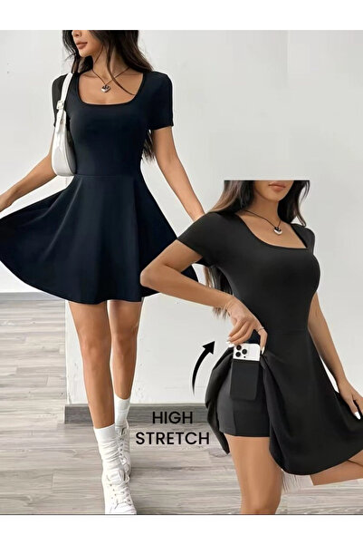 Butik Women's Short Sleeve Square Collar Pocket Detailed Diving Suit Jumpsuit