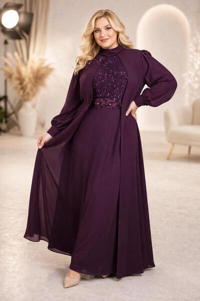 TRENDTESETTÜR KADIN Mürdüm PULLU İŞLEMELİ ABİYE ELBİSE 52788
