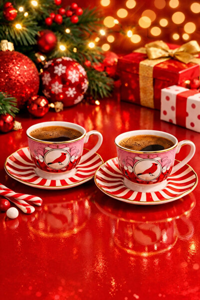 Kezze Birds Porselen Kahve Fincanı 2'li Set - Kırmızı Kuş Desenli Tabaklı Tür...