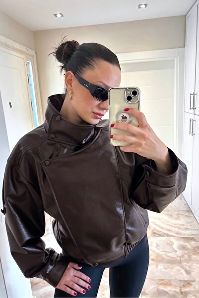 COJIKO Women's Oversize Zr Model High Collar Leather Jacket