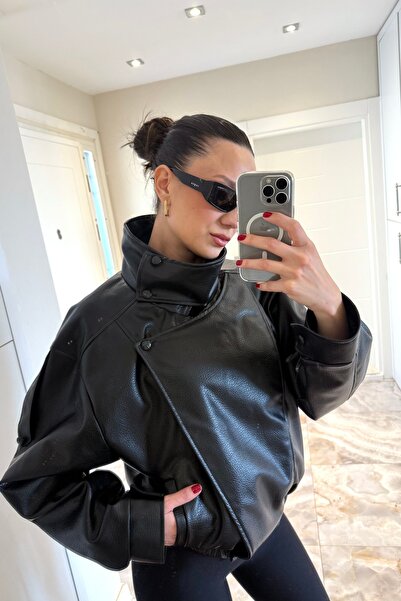COJIKO Women's Oversize Zr Model High Collar Black Leather Jacket