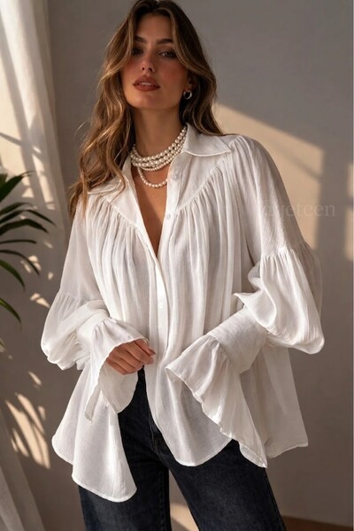 QETEENN Büzgülü Balon Kollu ve Volanlı Manşetli Romantik Beyaz Gömlek Bluz -Q...