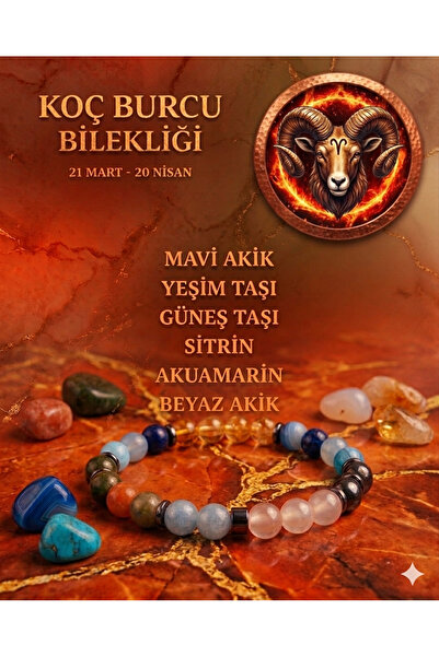 Tasarım Koç Burcu Doğal Taş Bileklik - Sertifikalı - M.Akik, Yeşim , Güneş Ta...