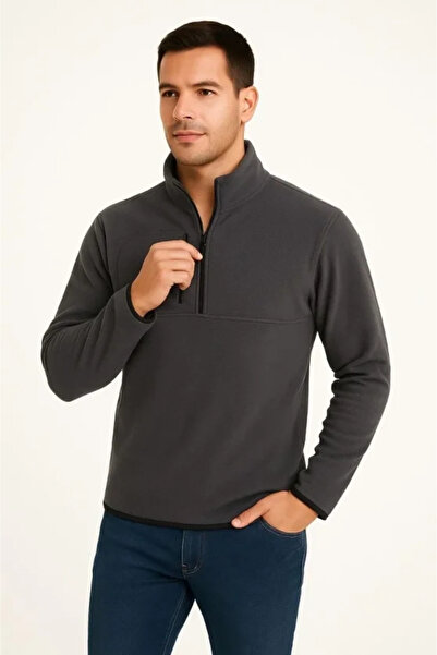 Butik Men's Fleece Sweater Mock Neck Half Zipper Zipper Chest Pocketed Black ...