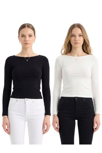 sea milano Women's Black-White 2-Piece Boat Neck Long Sleeve Body-Hugging Cot...