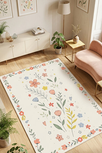 The Reef Design Krem Çiçek Desenli Salon Halısı Kaymaz Dijital Baskılı Bej Fl...