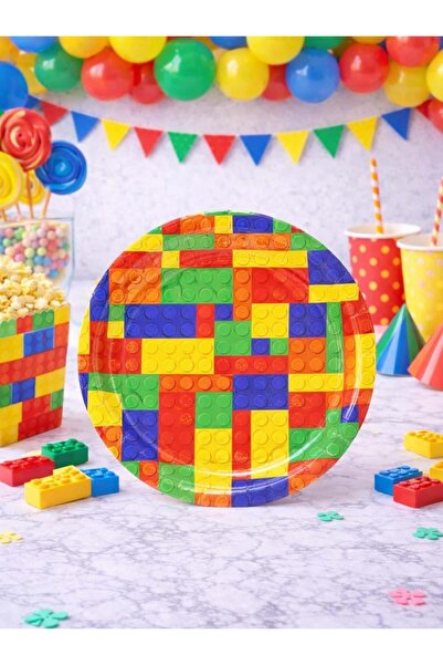 Parti Adresi Renkli Blok Desenli Tabak Karton Doğum Günü Tabağı 8'li