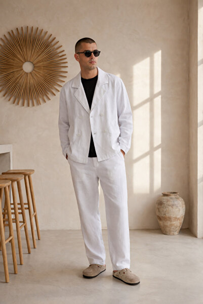 İLKCET MODA طقم سترة من الكتان بلون إكرو مع بنطلون فضفاض