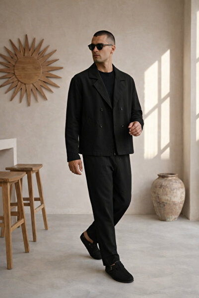 İLKCET MODA طقم سترة كتان سوداء وبنطلون فضفاض