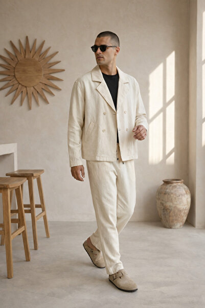 İLKCET MODA طقم سترة كتان بيج وبنطلون فضفاض