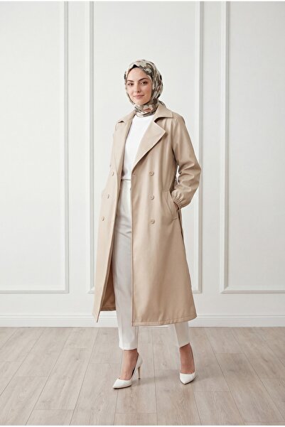 BENAHOLL Doredra Kol Lastikli Düğmeli Uzun Trençkot-EK174 Taş