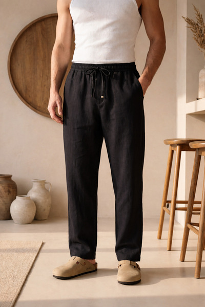 İLKCET MODA Linen Black Baggy Fit Men's Trousers
